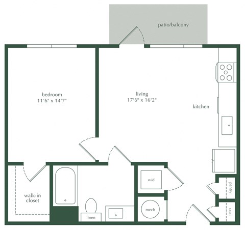 Floor plan for 1 bed, 1 bath, 650 sqft